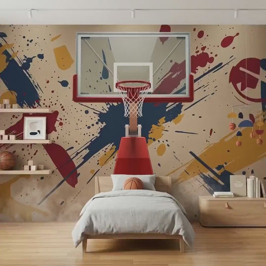Abstract Graffiti Basketball Wall Mural, Urban Sports Room Decor, Peel and Stick Wallpaper