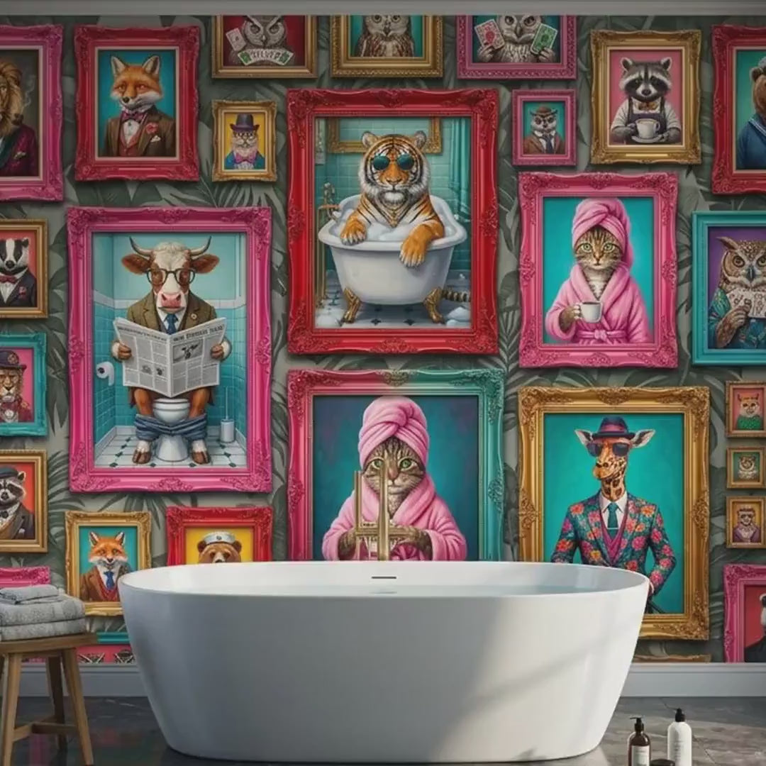 Personalized Anthropomorphic Animal Portrait Wallpaper, Maximalist Gallery Wall Mural (Custom name)