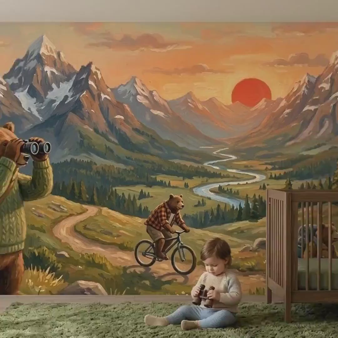 Whimsical Mountain Bear Adventure Nursery Mural, Hand-Painted Landscape Wallpaper