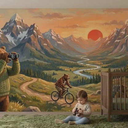 Whimsical Mountain Bear Adventure Nursery Mural, Hand-Painted Landscape Wallpaper