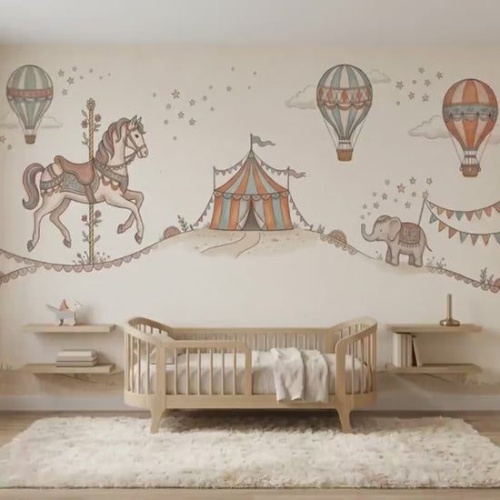 Vintage Circus Nursery Mural, Whimsical Carousel Horse, Hot Air Balloon Wall Decor
