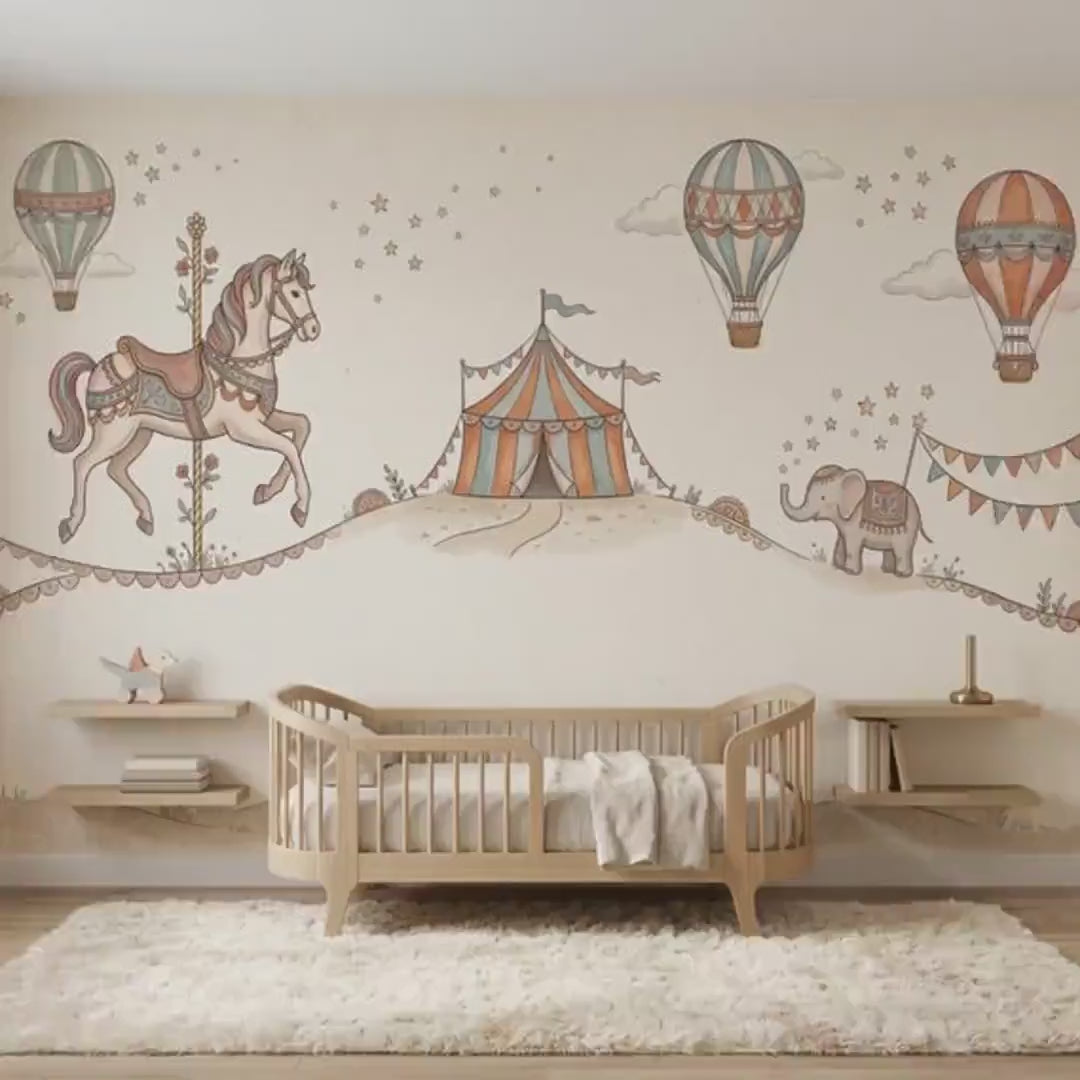Vintage Circus Nursery Mural, Whimsical Carousel Horse, Hot Air Balloon Wall Decor