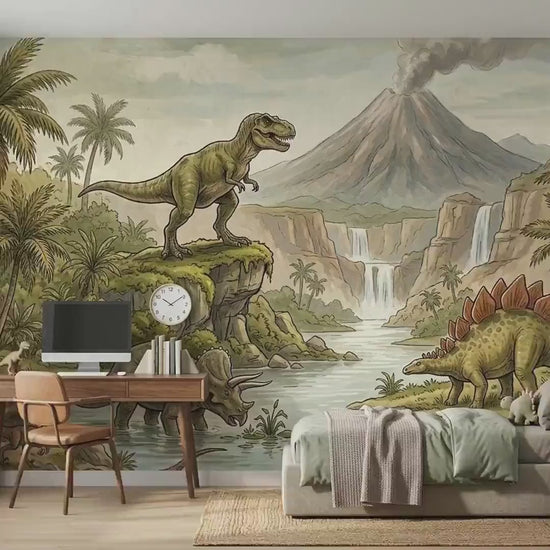 Vintage Dinosaur Nursery Wallpaper, Hand-Drawn Prehistoric Landscape (Digital Download)