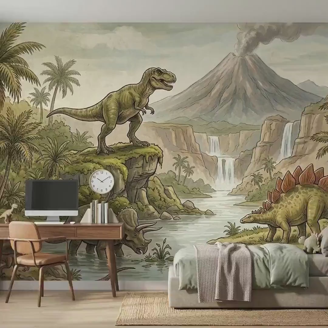 Vintage Dinosaur Nursery Wallpaper, Hand-Drawn Prehistoric Landscape (Digital Download)