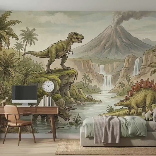 Vintage Dinosaur Nursery Wallpaper, Hand-Drawn Prehistoric Landscape (Digital Download)