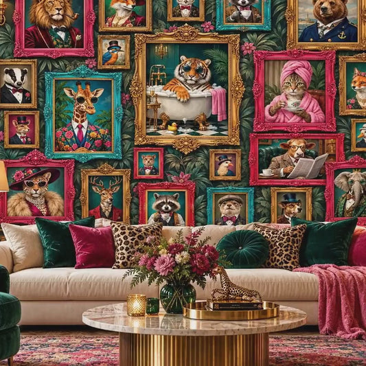 Whimsical Animal Portrait Wall Mural, Maximalist Gallery Wallpaper, Dark Botanical Decor