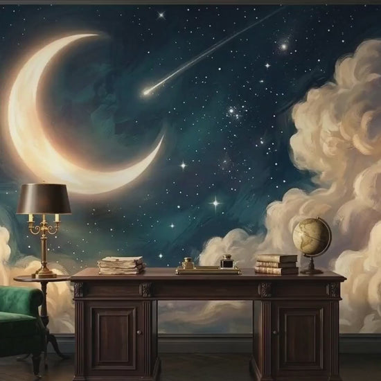 Celestial Moon Starry Night Sky Wallpaper, Dreamy Cloud Bedroom Mural (Custom Size)