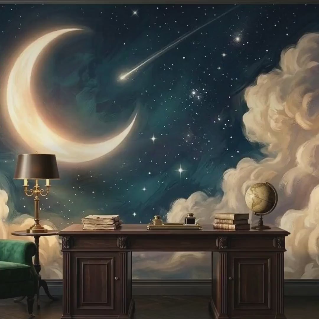Celestial Moon Starry Night Sky Wallpaper, Dreamy Cloud Bedroom Mural (Custom Size)