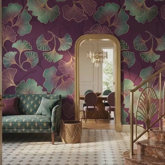 Art Deco Ginkgo Leaf Wallpaper, Purple Floral Mural, Bohemian Wall Decor (Peel and Stick)