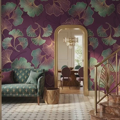 Art Deco Ginkgo Leaf Wallpaper, Purple Floral Mural, Bohemian Wall Decor (Peel and Stick)