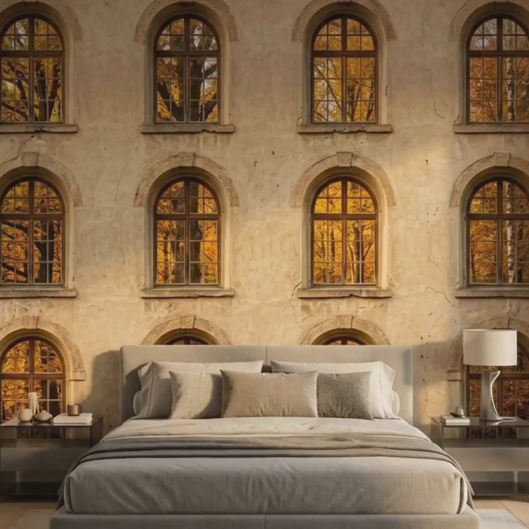 European Arched Window Wall Mural, Trompe Loeil Stone Facade Wallpaper (Digital Download)