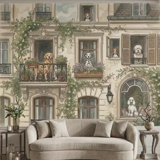 Dog Wallpaper, Whimsical Watercolor , European City Mural, Vintage Animal Wall Decor