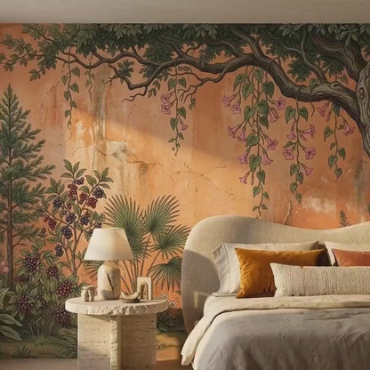 Terracotta Botanical Tree Mural Wallpaper, Rustic Garden Wall Art (Large Scale)