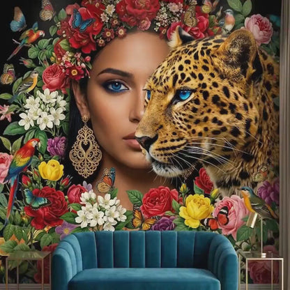 Floral Leopard Goddess Wall Mural, Maximalist Tropical Jungle Portrait Art (Custom Sizing)