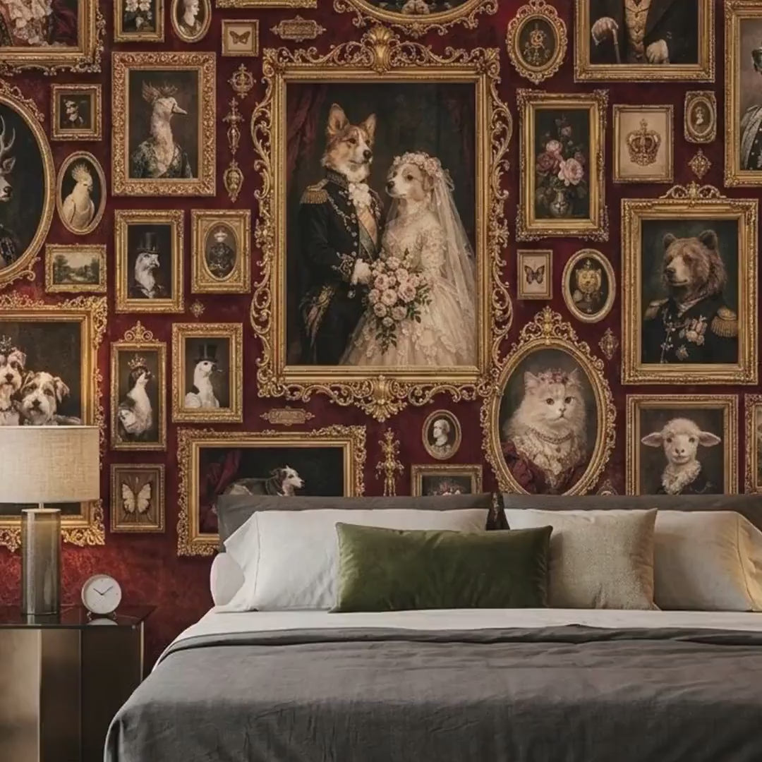 Maximalist Animal Portrait Wallpaper, Dark Academia Mural, Ornate Gothic Art (Peel & Stick)